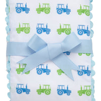 Cotton burp cloth for baby with blue and green tractor print fabric and blue ric rac trim, 3 Marthas