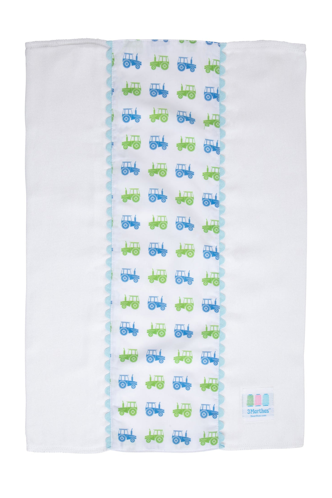 Cotton burp cloth for baby with blue and green tractor print fabric and blue ric rac trim, 3 Marthas