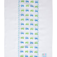 Cotton burp cloth for baby with blue and green tractor print fabric and blue ric rac trim, 3 Marthas