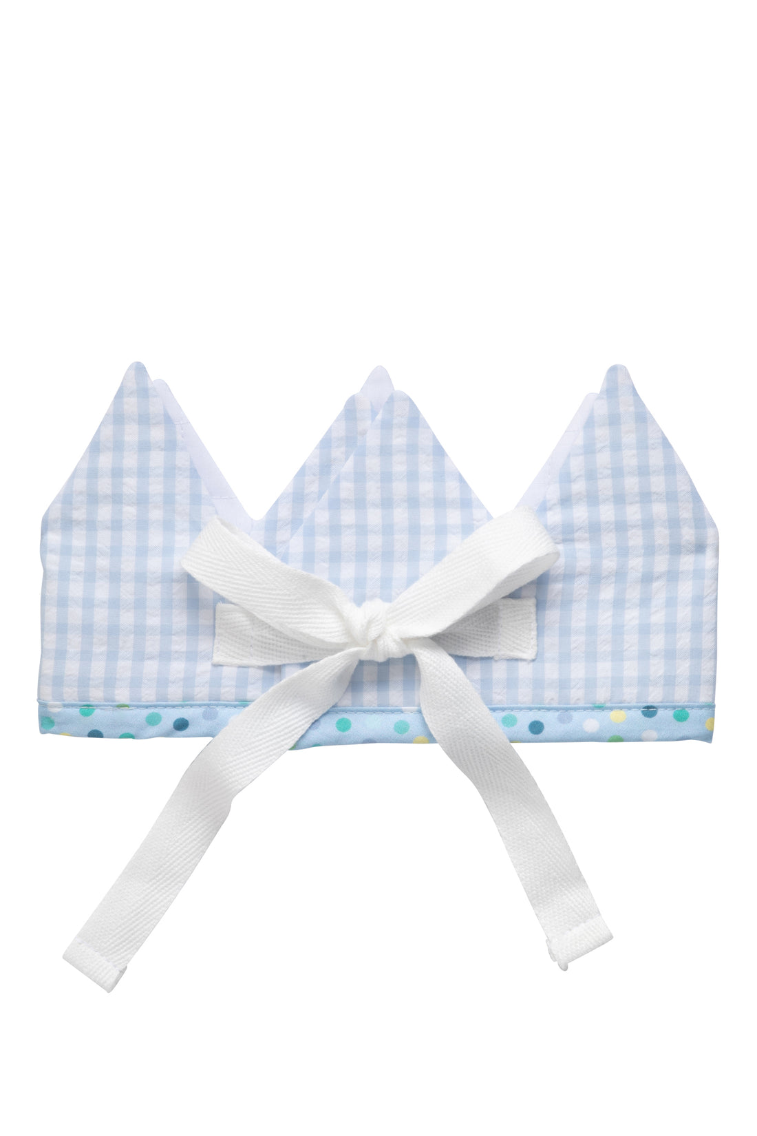 Cotton birthday crown with blue gingham check fabric back with bow tie closure, 3 Marthas