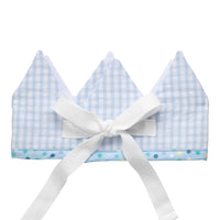 Cotton birthday crown with blue gingham check fabric back with bow tie closure, 3 Marthas