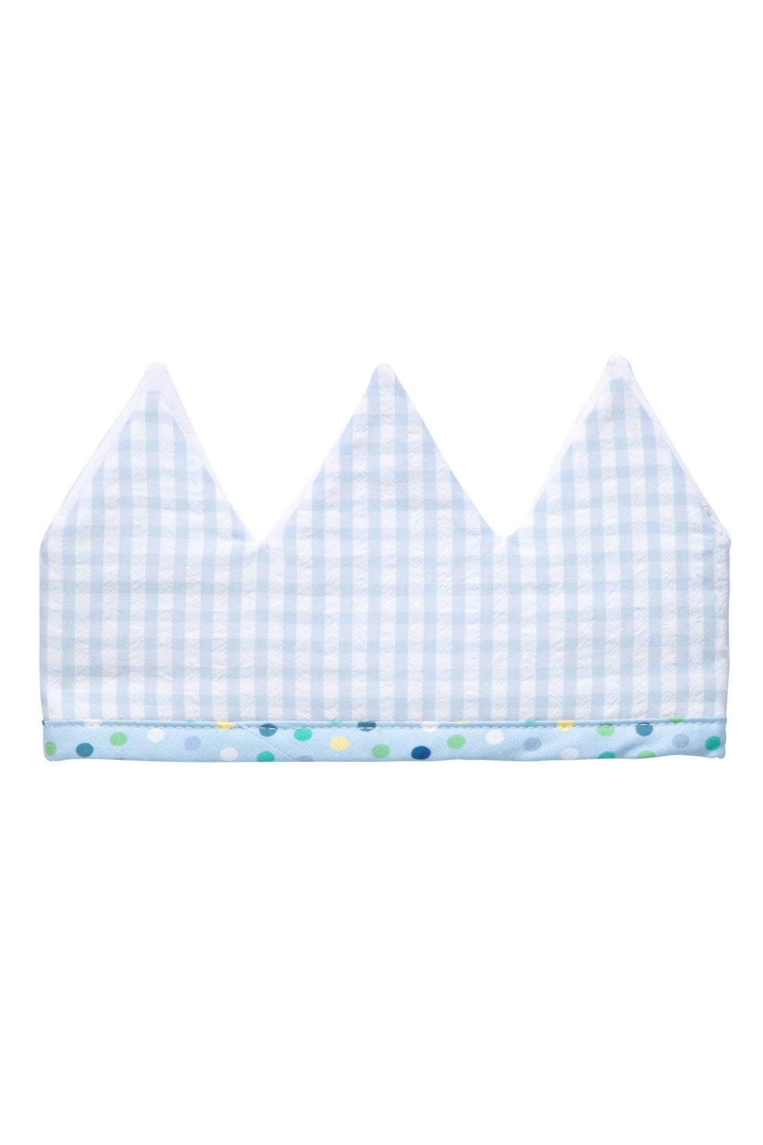 Cotton birthday crown with blue gingham check fabric front, 3 Marthas