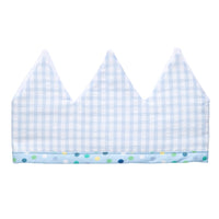 Cotton birthday crown with blue gingham check fabric front, 3 Marthas