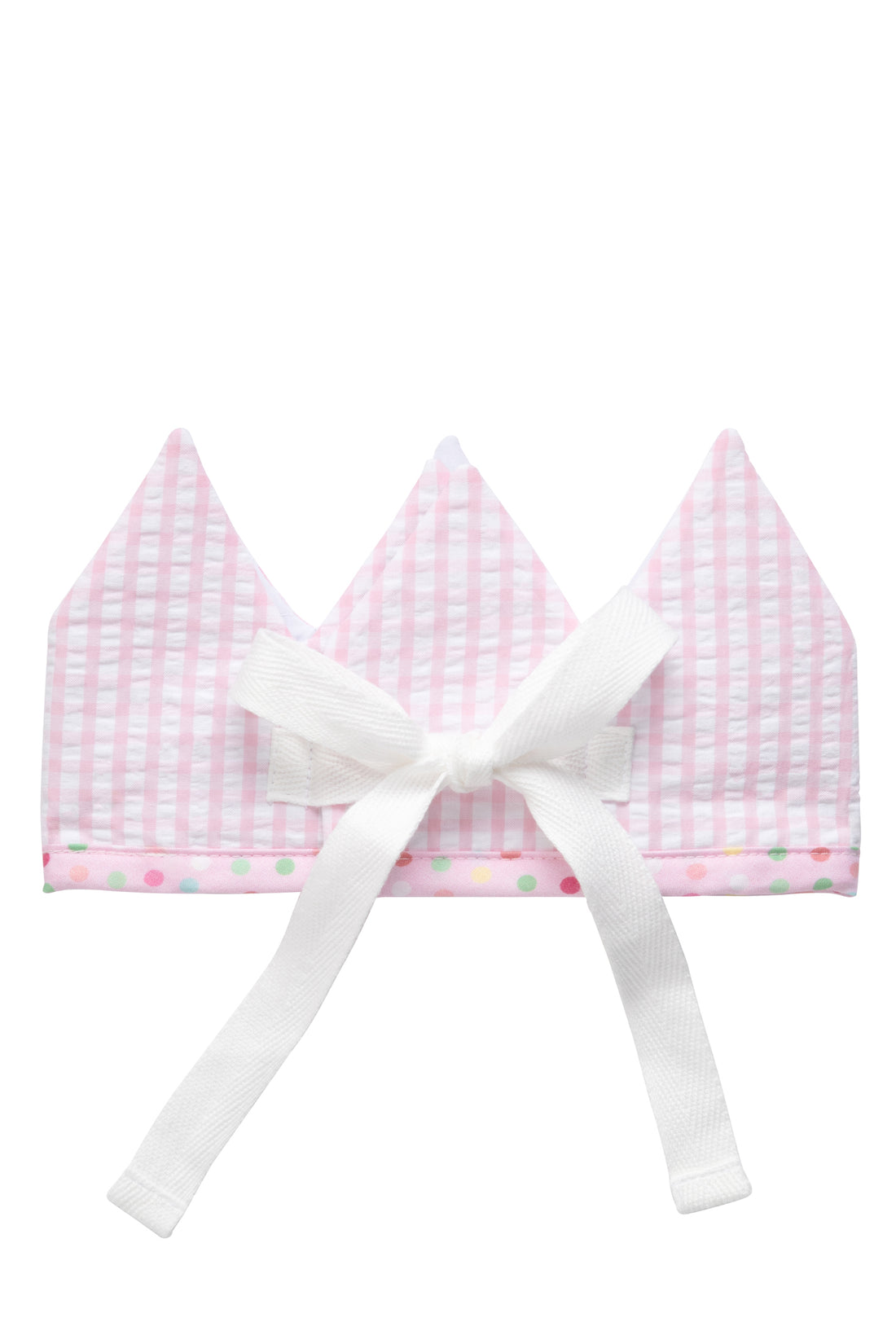 Cotton birthday crown with pink gingham check fabric back with bow tie closure, 3 Marthas