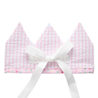 Cotton birthday crown with pink gingham check fabric back with bow tie closure, 3 Marthas