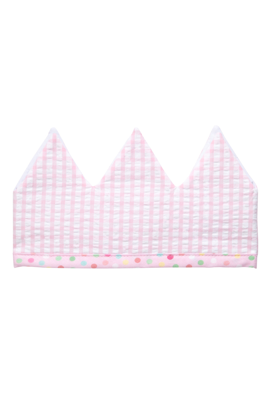 Cotton birthday crown with pink gingham check fabric front, 3 Marthas