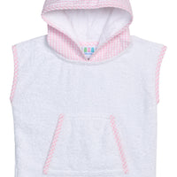 Beach cover-up with pink gingham hood and pocket