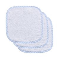 Stack of three washcloths, trimmed in blue gingham check