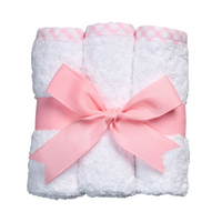 Set of three washcloths, trimmed in pink gingham check, rolled and tied with matching ribbon