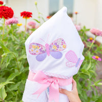 Cotton terry hooded towel for toddler to little kids with two pink and purple patterned butterfly appliques, 3 Marthas