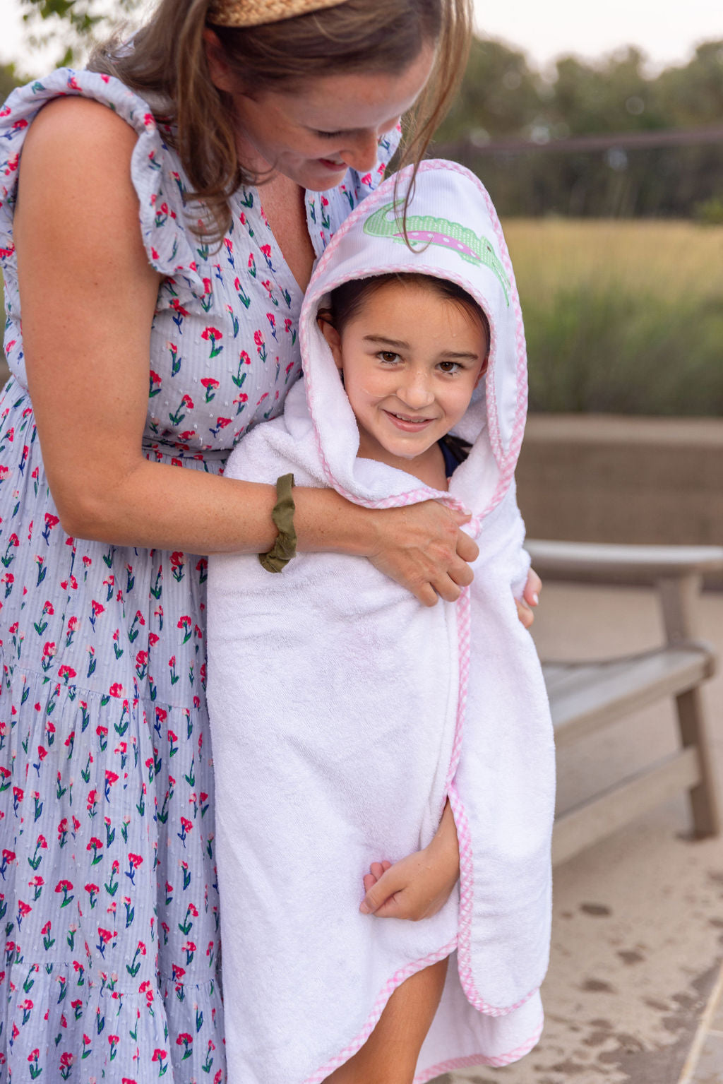 Cotton terry hooded towel for baby to toddlers with a green gingham check and pink dot alligator applique on the hood, 3 Marthas