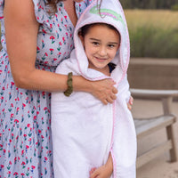 Cotton terry hooded towel for baby to toddlers with a green gingham check and pink dot alligator applique on the hood, 3 Marthas