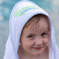 Cotton terry hooded towel for baby to toddlers with a green gingham check and blue dot alligator applique on the hood, 3 Marthas