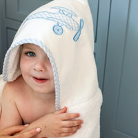 3 Marthas white hooded terrycloth towel with blue airplane applique and blue big check trim for boys