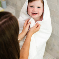 3 Marthas white hooded terrycloth towel with blue airplane applique and blue big check trim for boys