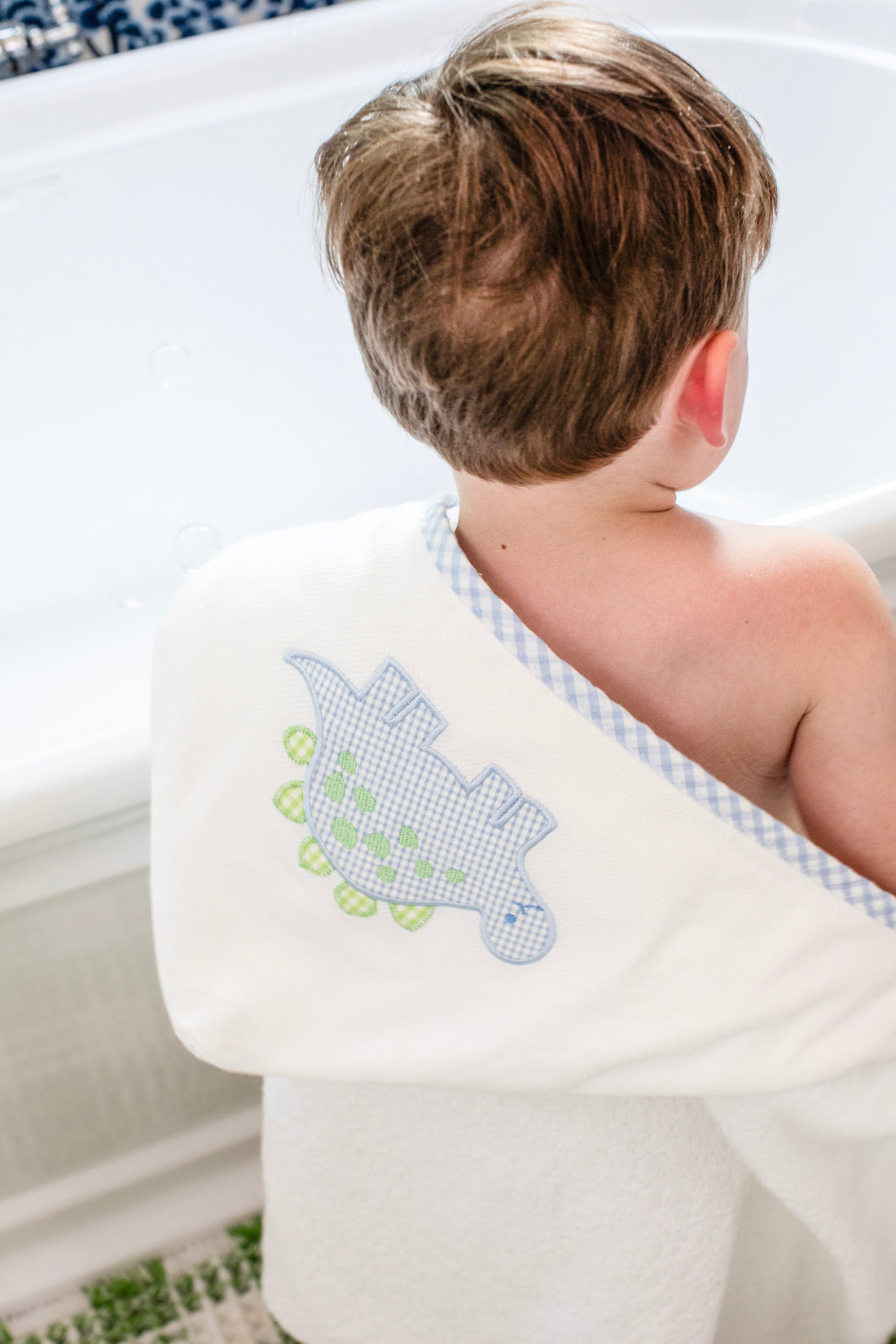 3 Marthas white terrycloth hooded towel with blue and green applique dino and blue check trim for boys
