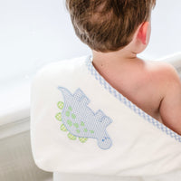 3 Marthas white terrycloth hooded towel with blue and green applique dino and blue check trim for boys