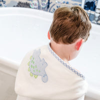 3 Marthas white terrycloth hooded towel with blue and green applique dino and blue check trim for boys