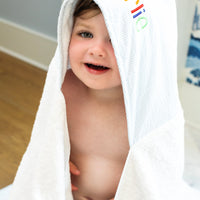 3 Marthas white terrycloth hooded towel with blue seersucker striped hood with colorful monogram for boys