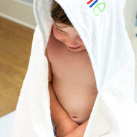 3 Marthas white terrycloth hooded towel with blue seersucker striped hood with colorful monogram for boys