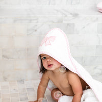 3 Marthas white terrycloth hooded towel with pink bow applique and pink check trim for girls