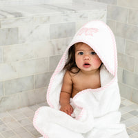 3 Marthas white terrycloth hooded towel with pink bow applique and pink check trim for girls