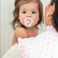 3 Marthas white burp cloth with light pink bow all over print and pink ruffle trim for girls
