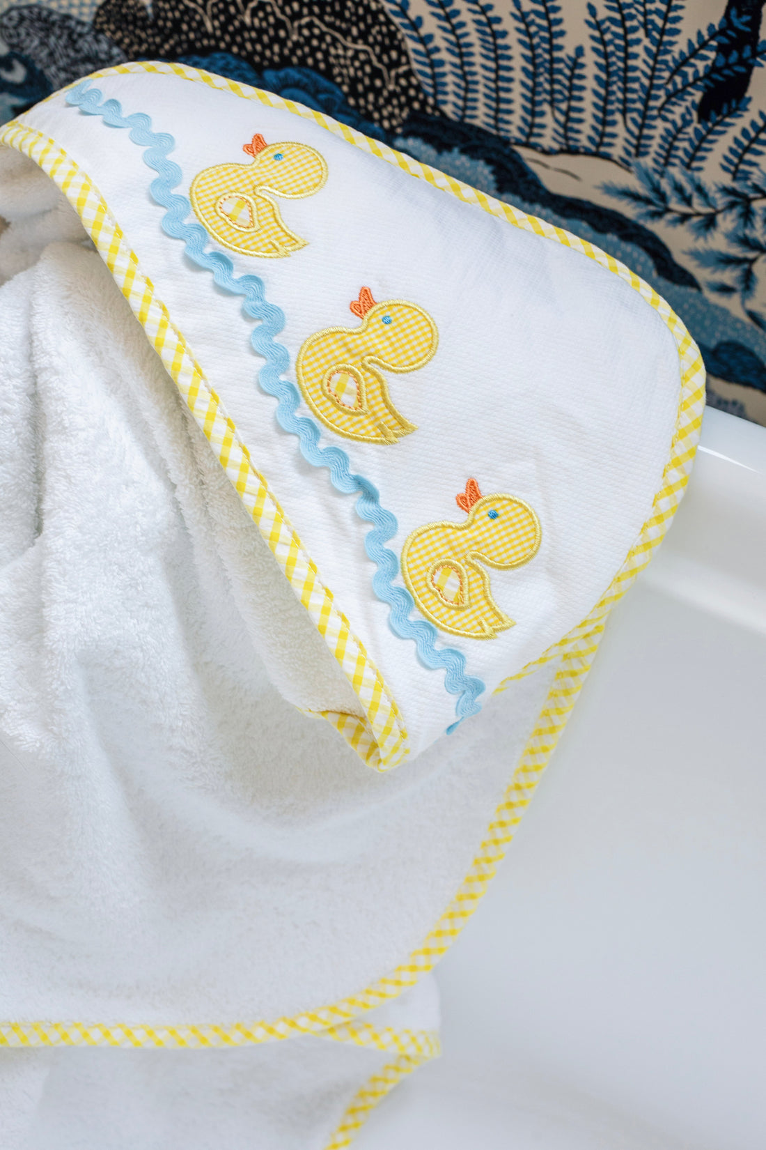 3 Marthas white terrycloth hooded towel with yellow applique ducks and yellow check trim for little boys and girls