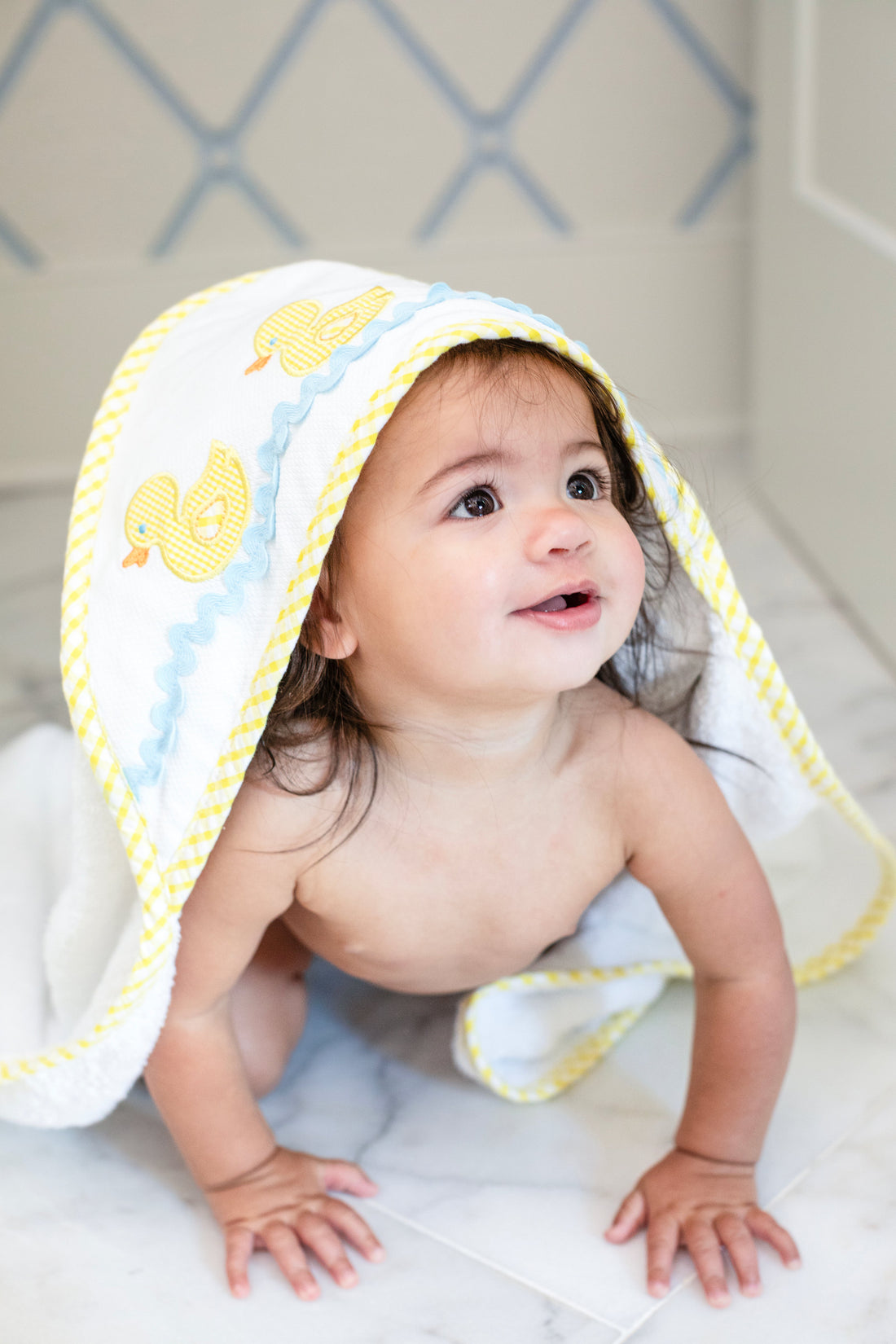 3 Marthas white terrycloth hooded towel with yellow applique ducks and yellow check trim for little boys and girls