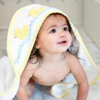 3 Marthas white terrycloth hooded towel with yellow applique ducks and yellow check trim for little boys and girls