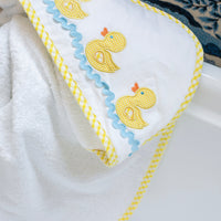 3 Marthas white terrycloth hooded towel with yellow applique ducks and yellow check trim for little boys and girls