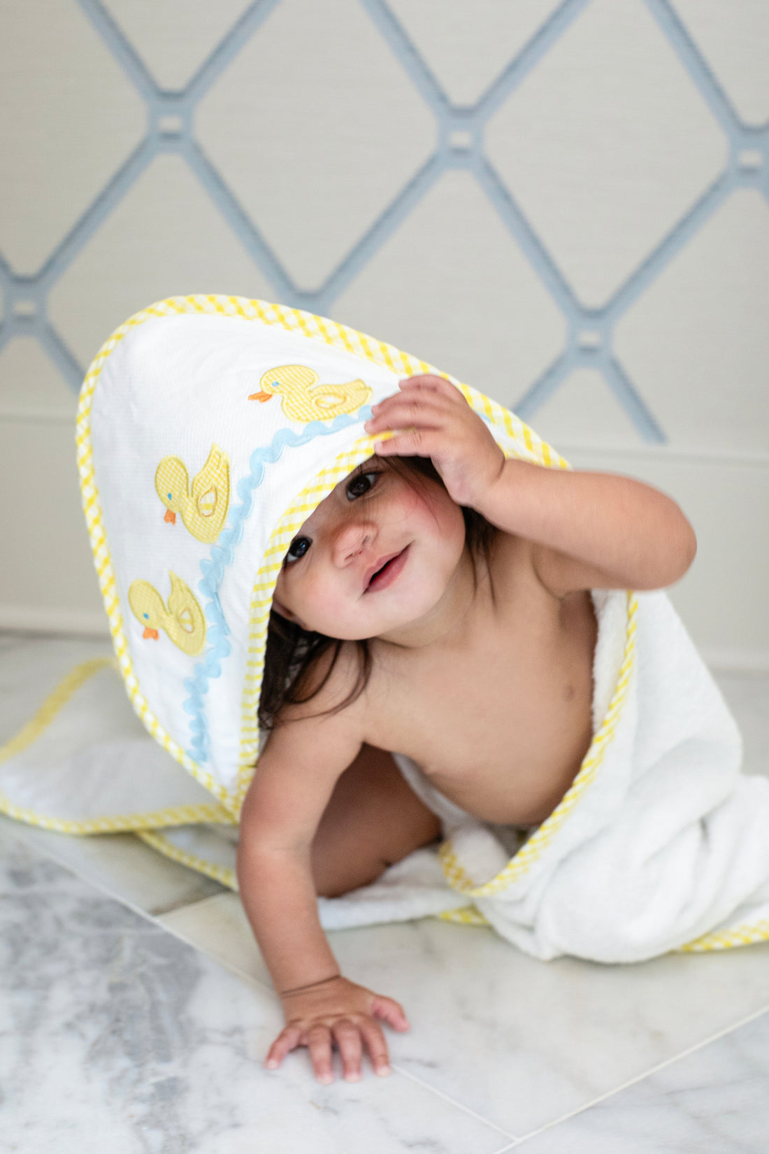 3 Marthas white terrycloth hooded towel with yellow applique ducks and yellow check trim for little boys and girls