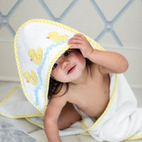 3 Marthas white terrycloth hooded towel with yellow applique ducks and yellow check trim for little boys and girls