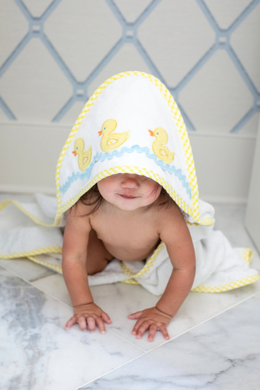 3 Marthas white terrycloth hooded towel with yellow applique ducks and yellow check trim for little boys and girls