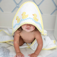 3 Marthas white terrycloth hooded towel with yellow applique ducks and yellow check trim for little boys and girls