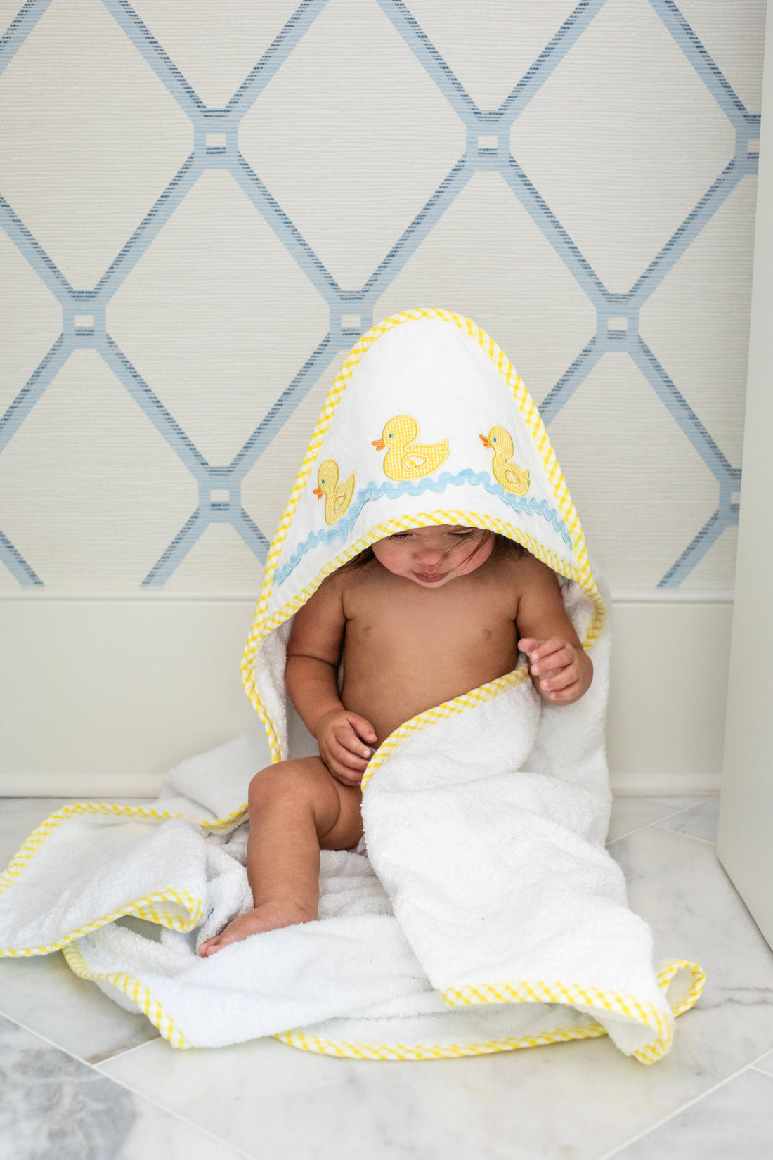 3 Marthas white terrycloth hooded towel with yellow applique ducks and yellow check trim for little boys and girls