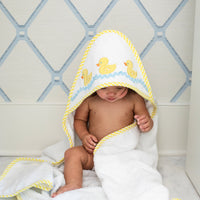 3 Marthas white terrycloth hooded towel with yellow applique ducks and yellow check trim for little boys and girls