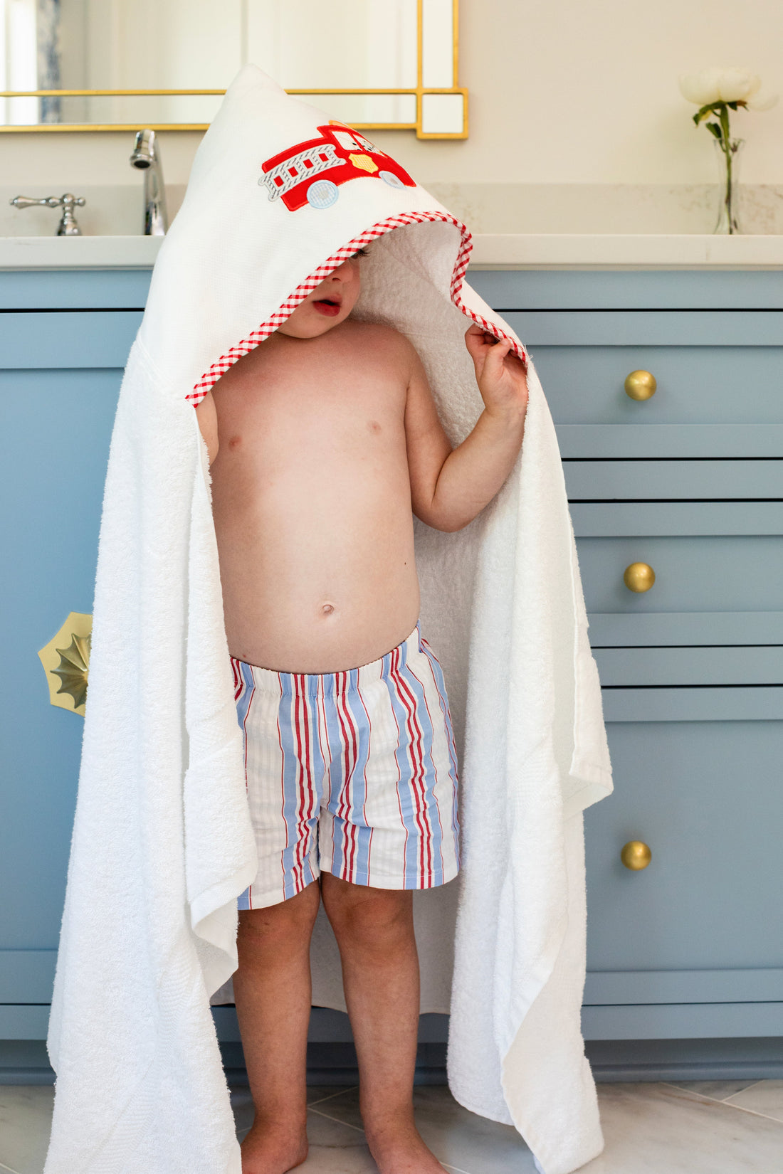3 Marthas white terrycloth hooded towel with red applique fire truck and red check trim for boys