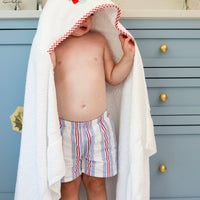 3 Marthas white terrycloth hooded towel with red applique fire truck and red check trim for boys