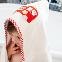 3 Marthas white terrycloth hooded towel with red applique fire truck and red check trim for boys