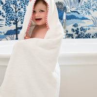 3 Marthas white terrycloth hooded towel with red applique fire truck and red check trim for boys