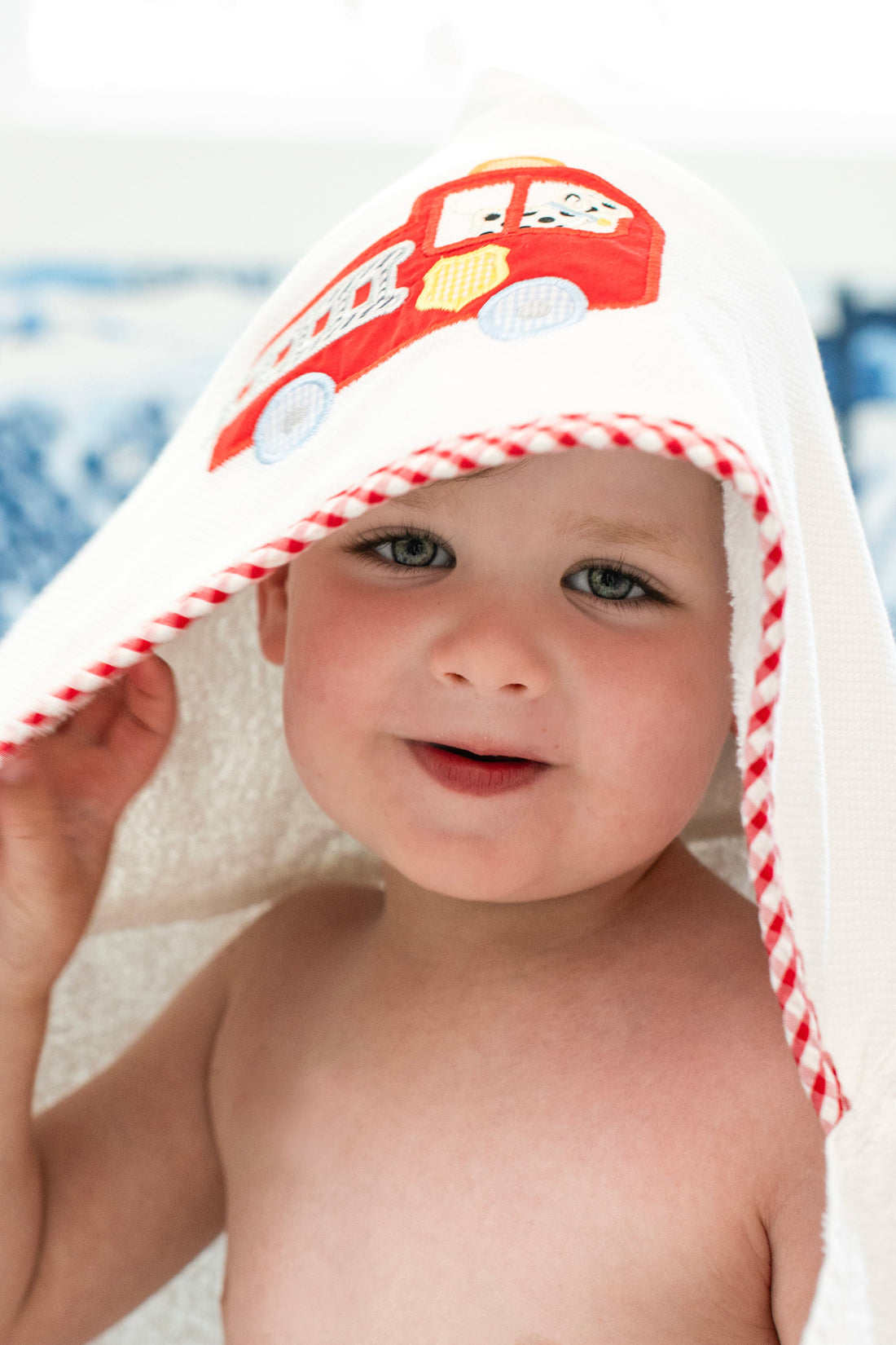 3 Marthas white terrycloth hooded towel with red applique fire truck and red check trim for boys