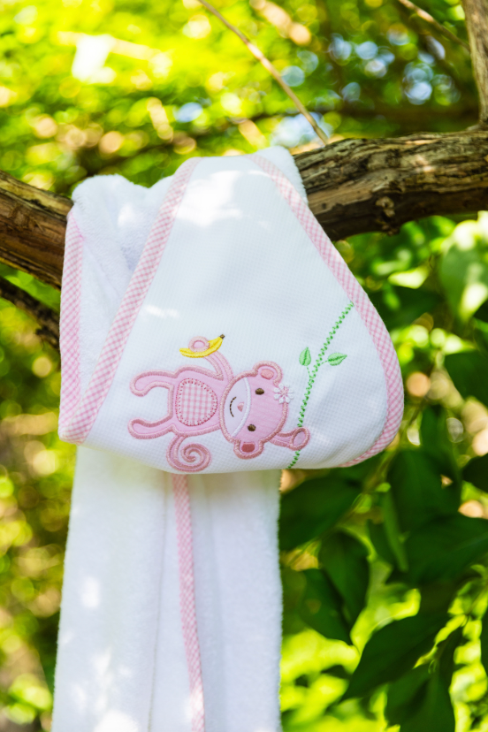 Monkey Applique Hooded Towel & Washcloth Set, Pink