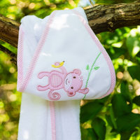 Monkey Applique Hooded Towel & Washcloth Set, Pink