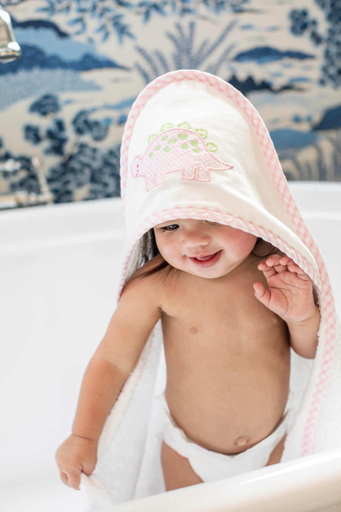 3 Marthas white terrycloth hooded towel with pink dino applique and pink check trim for little girls