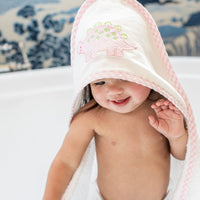 3 Marthas white terrycloth hooded towel with pink dino applique and pink check trim for little girls