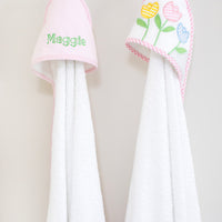 3 Marthas white terrycloth hooded towel with pink seersucker hood with pink trim for girls. White terrycloth hooded towel with multicolor tulip applique with pink trim for girls.