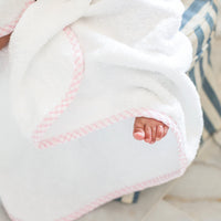 3 Marthas white terrycloth hooded towel with multicolor tulip applique and pink check trim for little girls.