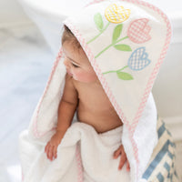 3 Marthas white terrycloth hooded towel with multicolor tulip applique and pink check trim for little girls.