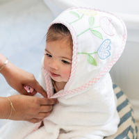 3 Marthas white terrycloth hooded towel with multicolor tulip applique and pink check trim for little girls.